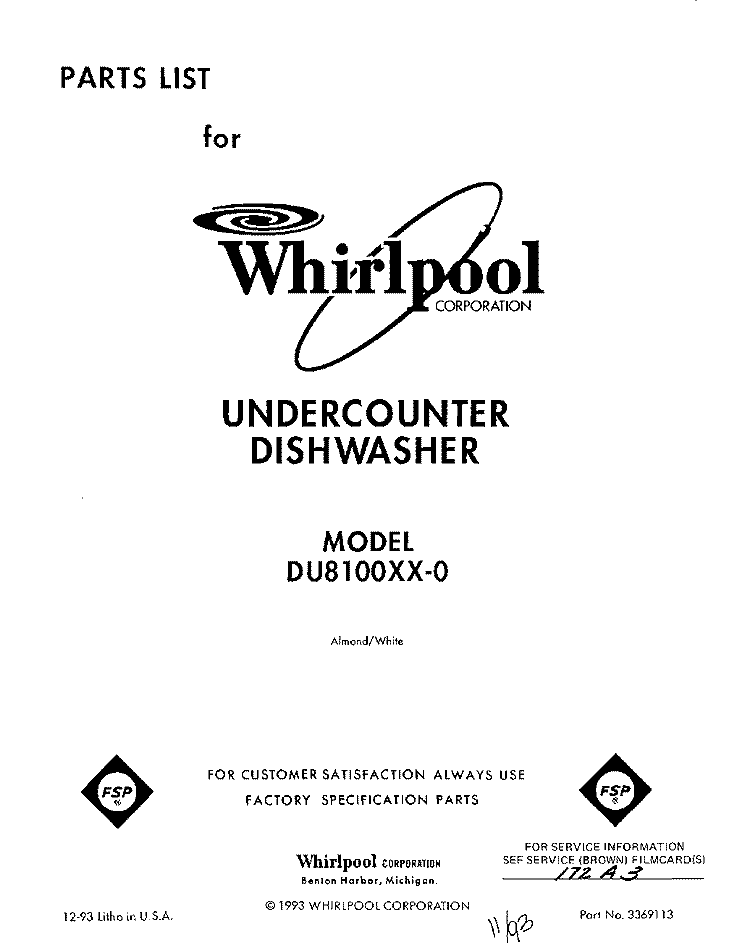 FRONT PAGE Diagram and Parts List for DU8100XX0  Whirlpool Dishwasher