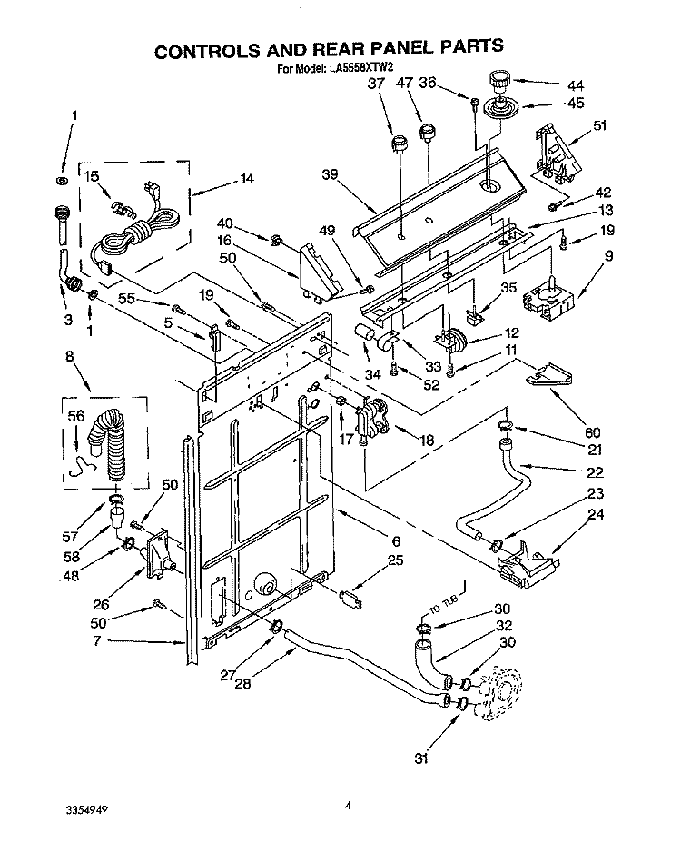 CONTROLS AND REAR PANEL Diagram and Parts List for LA5558XTN2  Whirlpool Washer