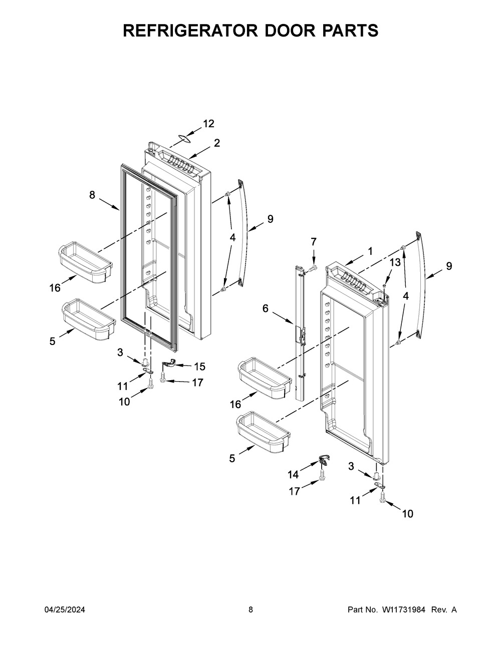 Refrigerator Door Parts Diagram and Parts List for WRF535SWHZ12  Whirlpool Refrigerator