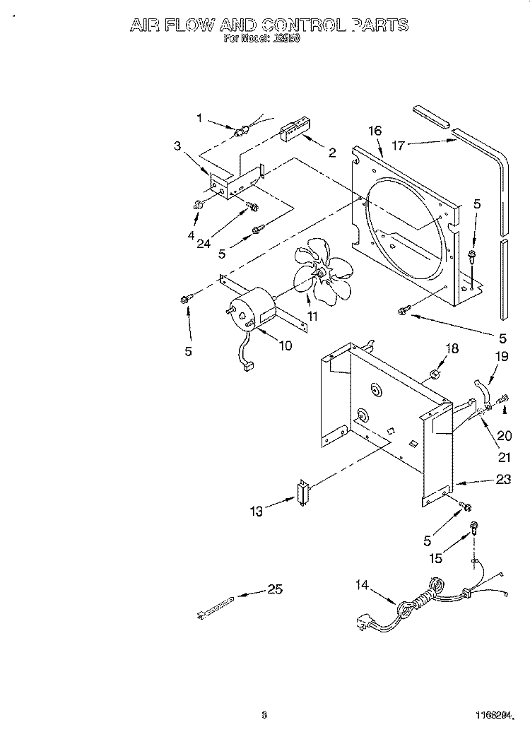 AIRFLOW AND CONTROL Diagram and Parts List for D25B0  Whirlpool Dehumidifier