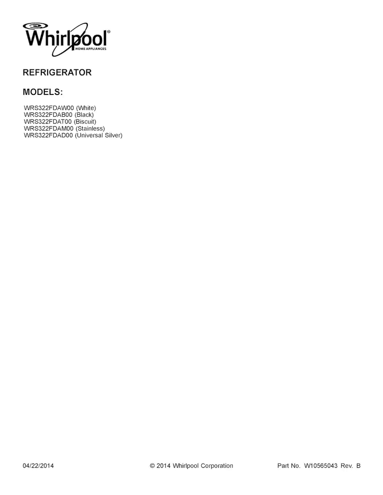 Cover Sheet Diagram and Parts List for WRS322FDAD00  Whirlpool Refrigerator