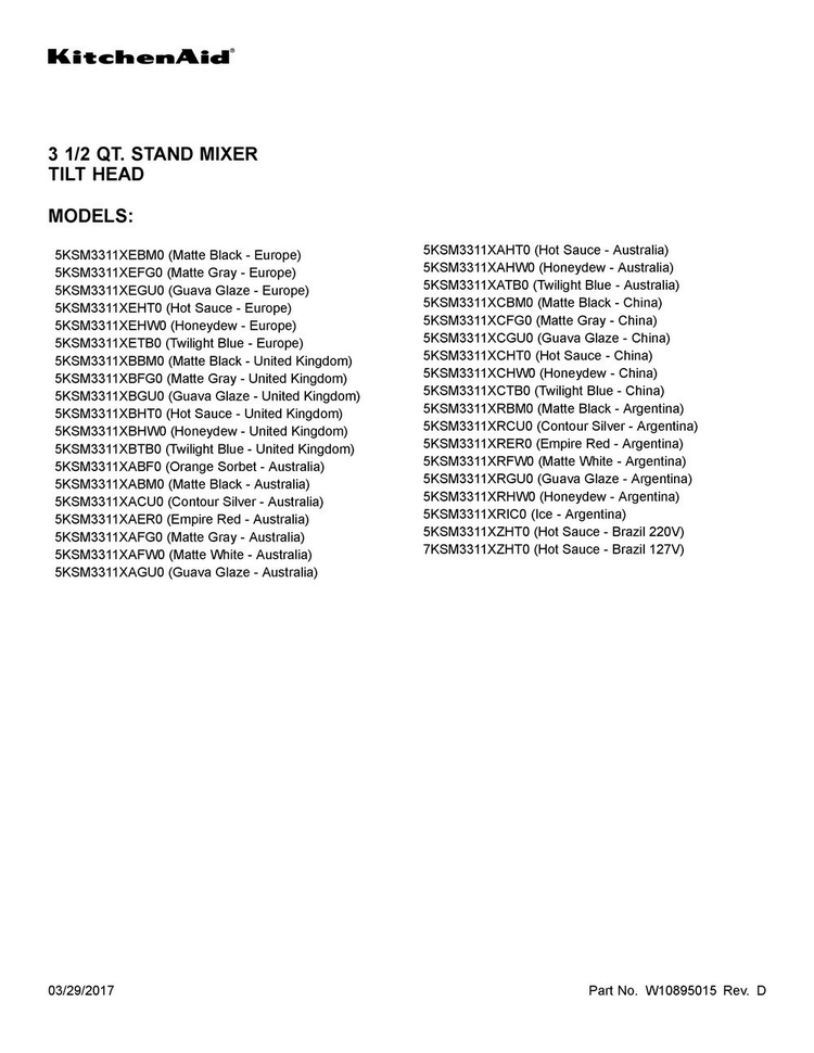 Cover Sheet Diagram and Parts List for 5KSM3311XBGU0  KitchenAid Mixer