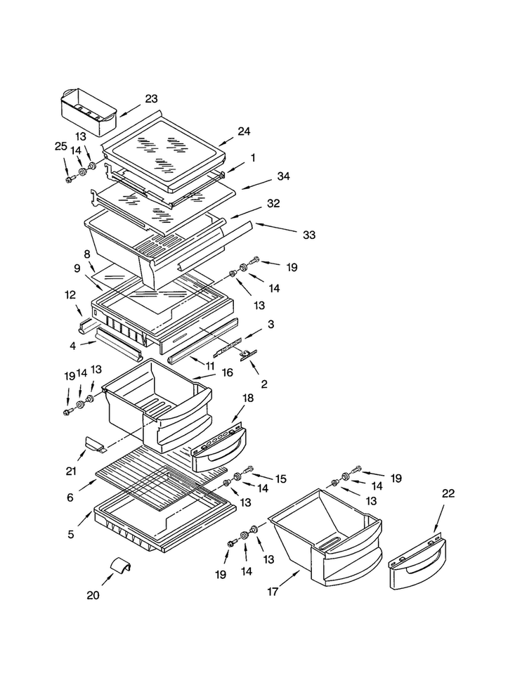 Refrigerator Shelf Diagram and Parts List for KSRB25FKBL02  KitchenAid Refrigerator