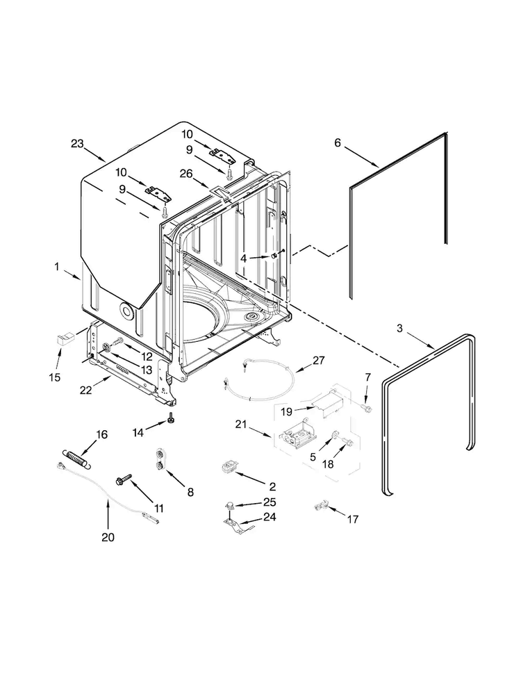 Tub And Frame Parts Diagram and Parts List for WDF760SADW1  Whirlpool Dishwasher