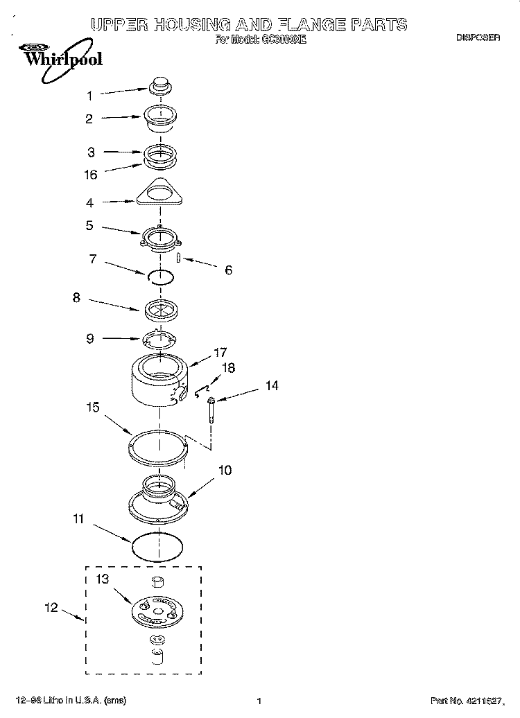 SECTION Diagram and Parts List for GC3000XE  Whirlpool Food Waste Disposer