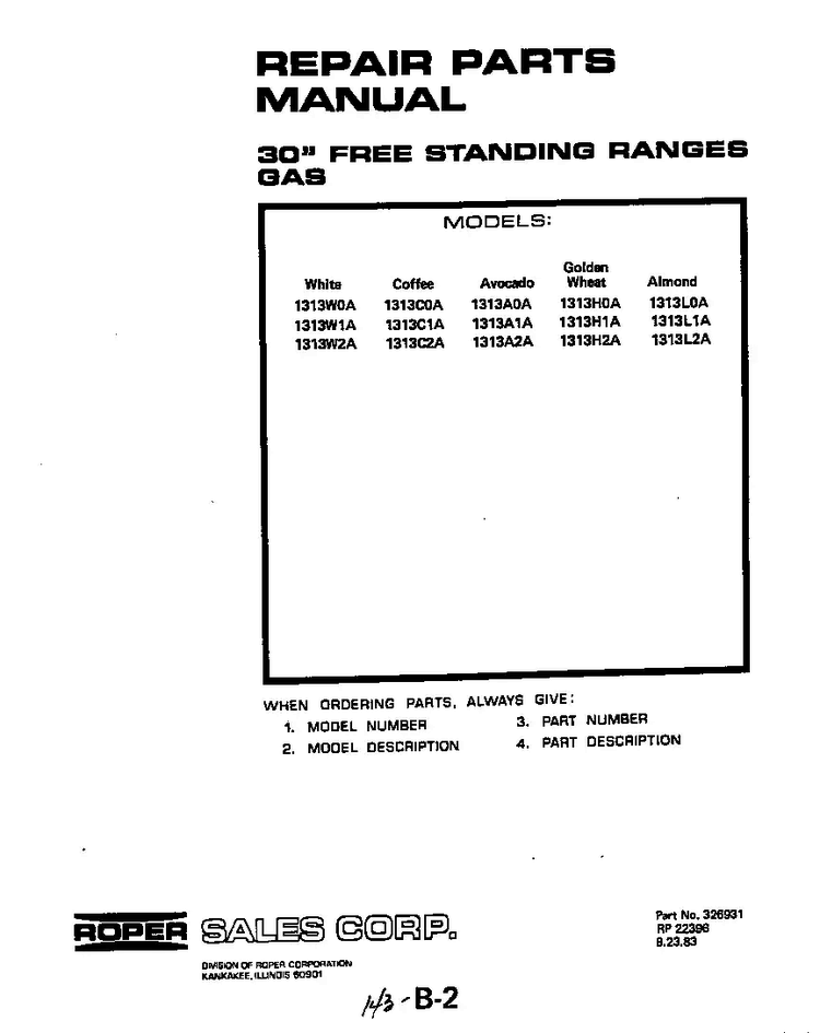 Front Cover Diagram and Parts List for 1313*1A  Roper Range