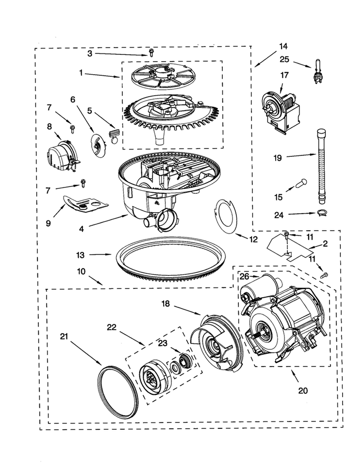 Pump And Motor Diagram and Parts List for KUDR01DTBT0  KitchenAid Dishwasher