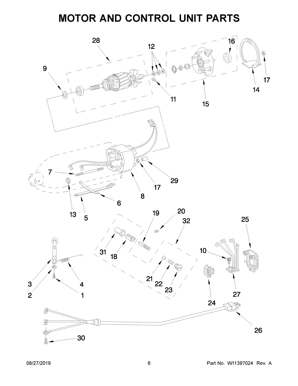 Motor And Control Unit Parts Diagram and Parts List for 5K45SSROB0  Whirlpool Mixer