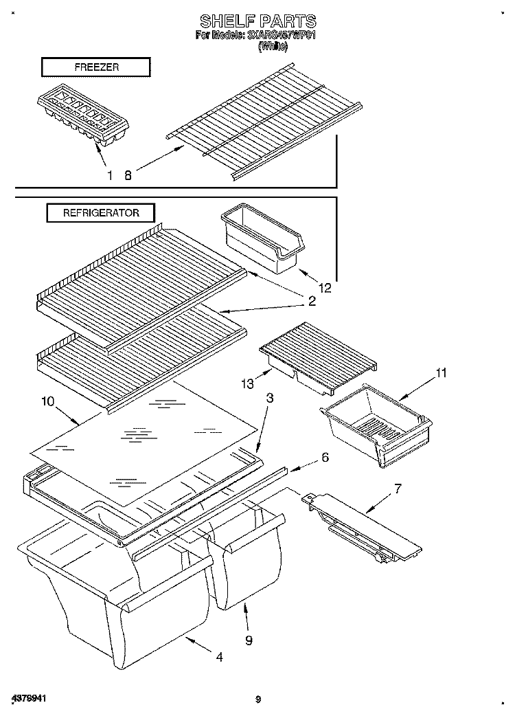 SHELF, LIT/OPTIONAL Diagram and Parts List for 3XARG457WP01  Whirlpool Refrigerator