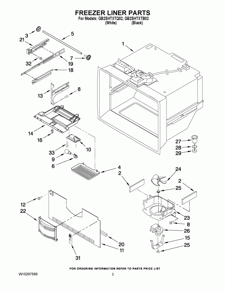 FREEZER LINER PARTS Diagram and Parts List for GB2SHTXTB02  Whirlpool Refrigerator