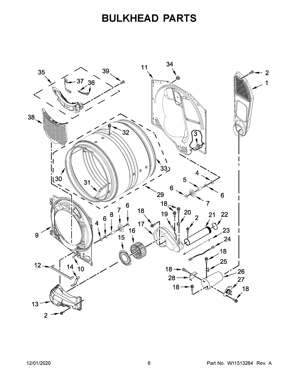 Bulkhead Parts Diagram and Parts List for MGD5630HC2  Whirlpool Dryer