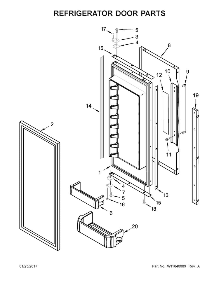 Refrigerator Door Parts Diagram and Parts List for KBFN506ESS01  KitchenAid Refrigerator