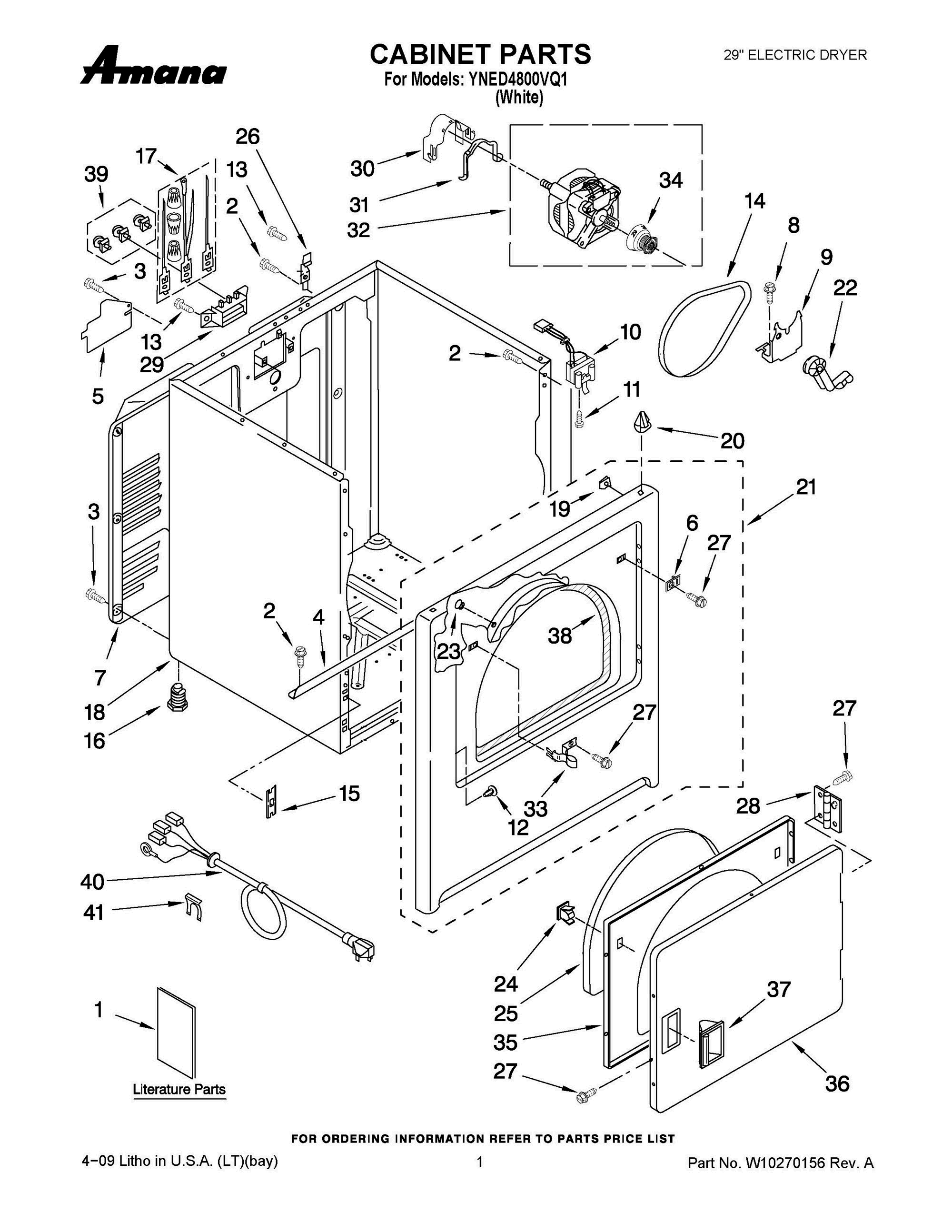 01 - CABINET PARTS Diagram and Parts List for YNED4800VQ1  Whirlpool Dryer