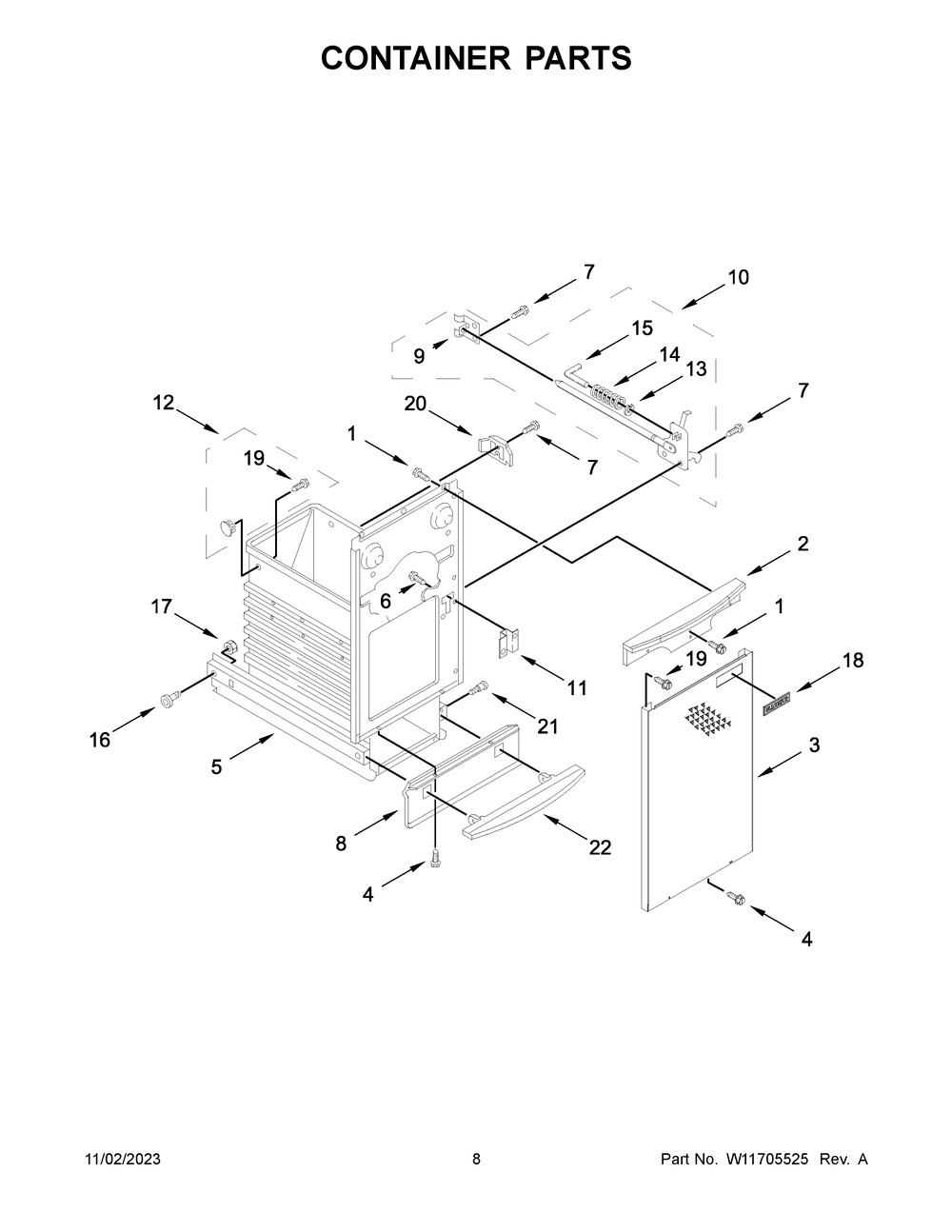 Container Parts Diagram and Parts List for GACP15XXMG5  Whirlpool Trash Compactor