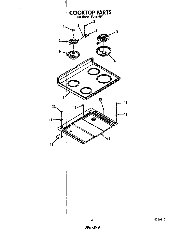 Cook Top Diagram and Parts List for F7108*0  Roper Range