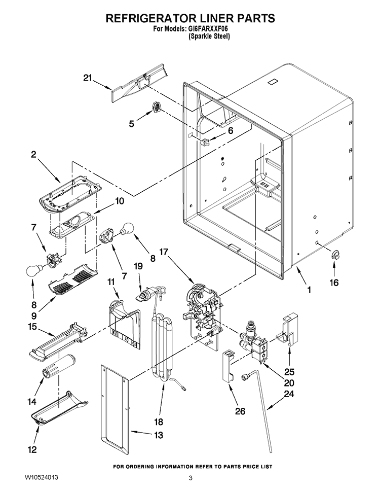 REFRIGERATOR LINER PARTS Diagram and Parts List for GI6FARXXF05  Whirlpool Refrigerator
