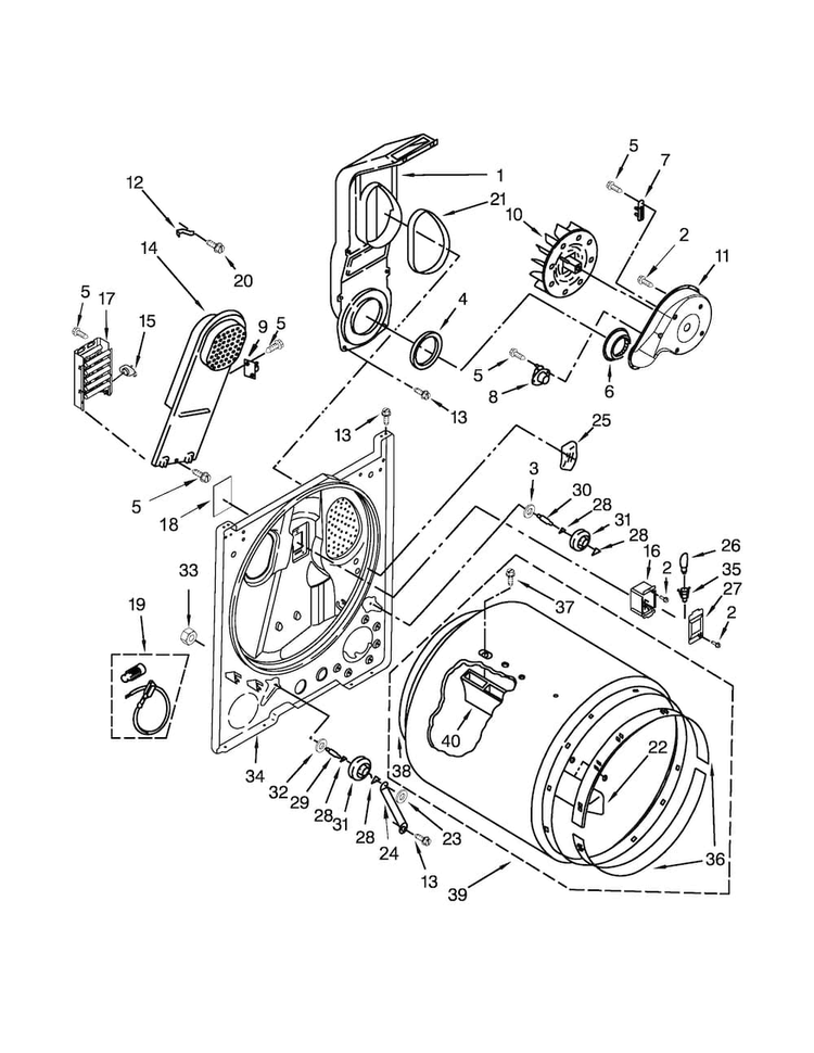 Bulkhead Parts Diagram and Parts List for WED4870BW0  Whirlpool Dryer