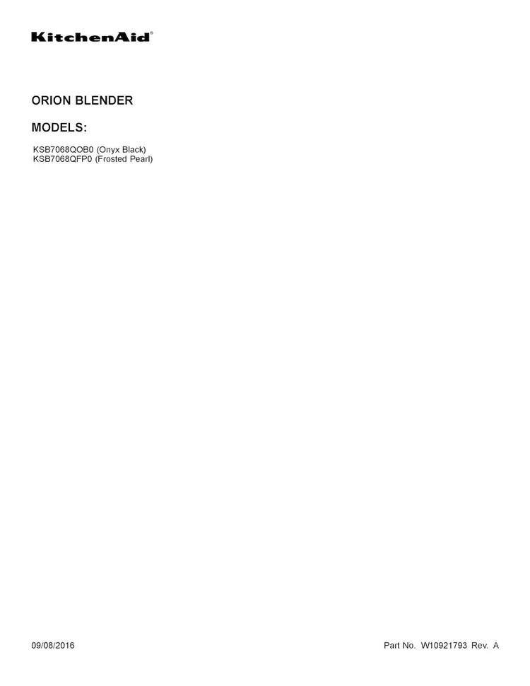 Cover Sheet Diagram and Parts List for KSB7068QFP0  KitchenAid Blender