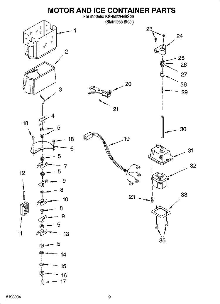 MOTOR AND ICE CONTAINER PARTS Diagram and Parts List for KSRB22FNSS00  KitchenAid Refrigerator