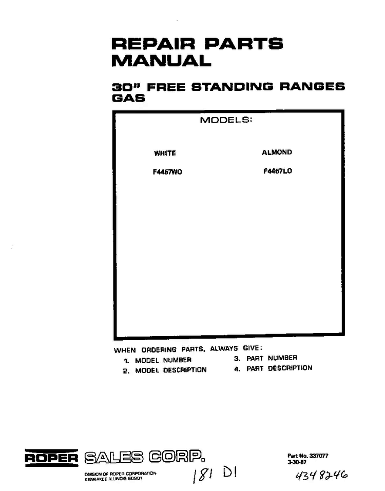 Front Cover Diagram and Parts List for F4457*0  Roper Range