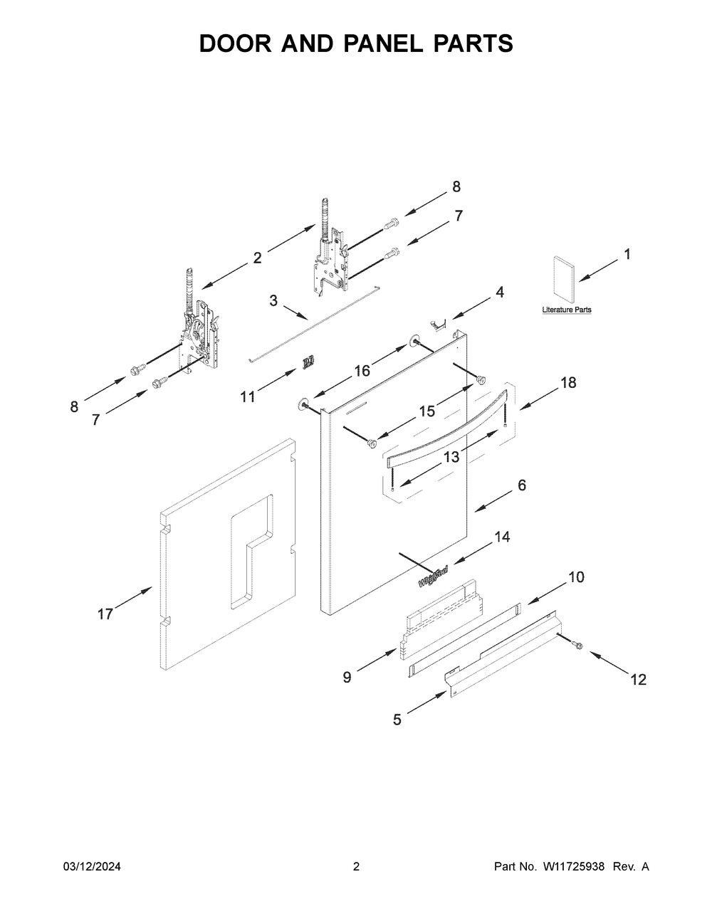 Door And Panel Parts Diagram and Parts List for WDT970SAKV3  Whirlpool Dishwasher