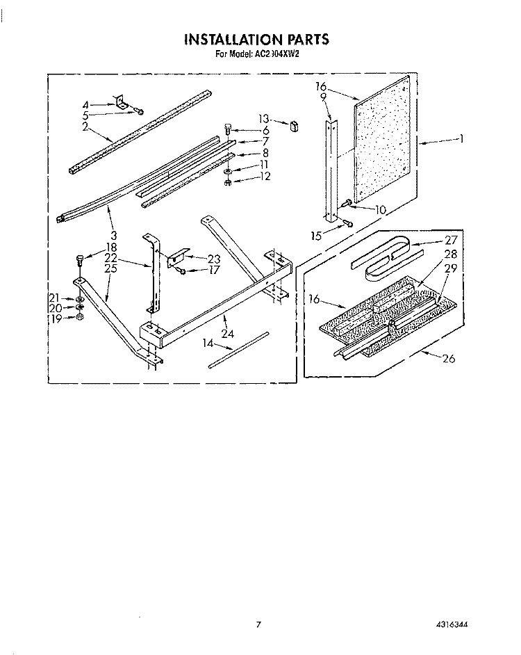 INSTALLATION Diagram and Parts List for AC2904XW2  Whirlpool Air Conditioner