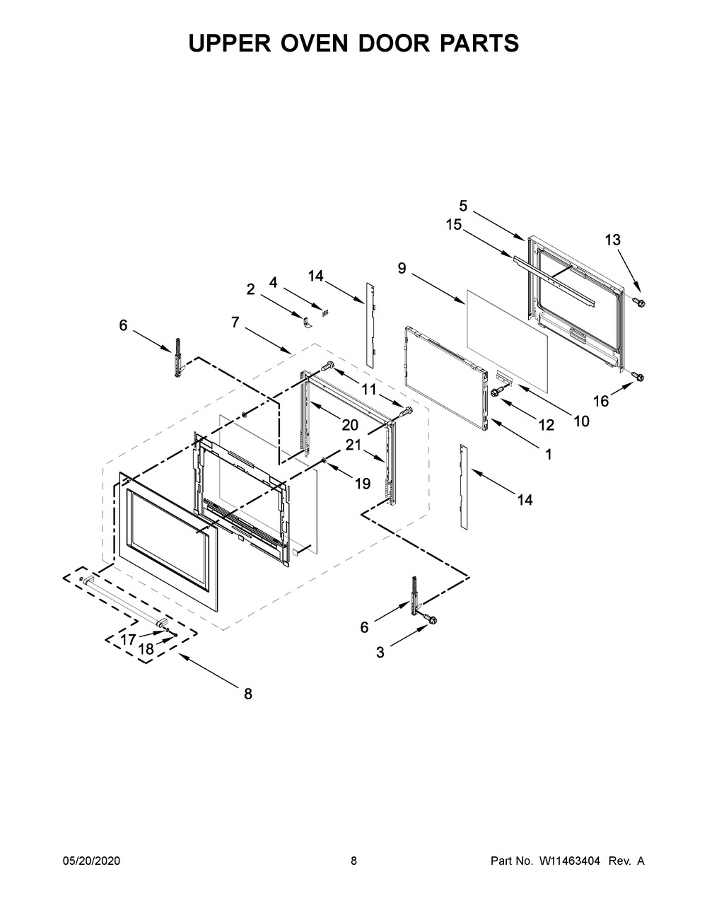 Upper Oven Door Parts Diagram and Parts List for KODT107ESS04  Whirlpool Microwave Oven Combo