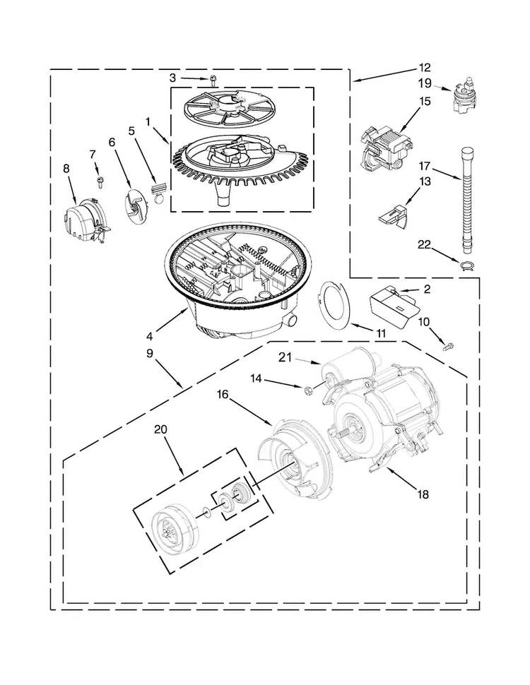 Pump, Washarm And Motor Parts Diagram and Parts List for KUDS30IXBTA  KitchenAid Dishwasher