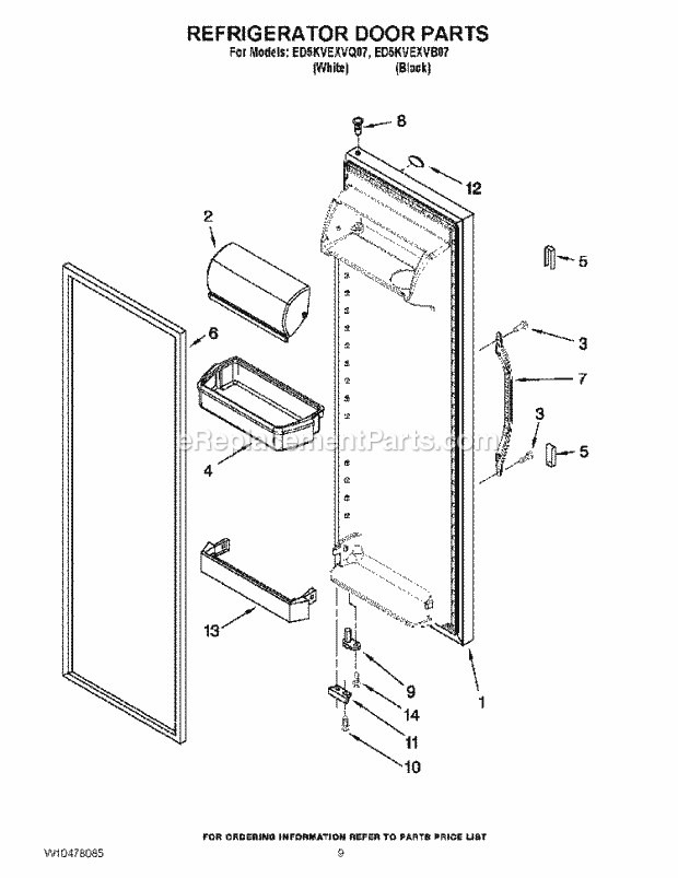 Refrigerator Door Parts Diagram and Parts List for ED5KVEXVB07  Whirlpool Refrigerator