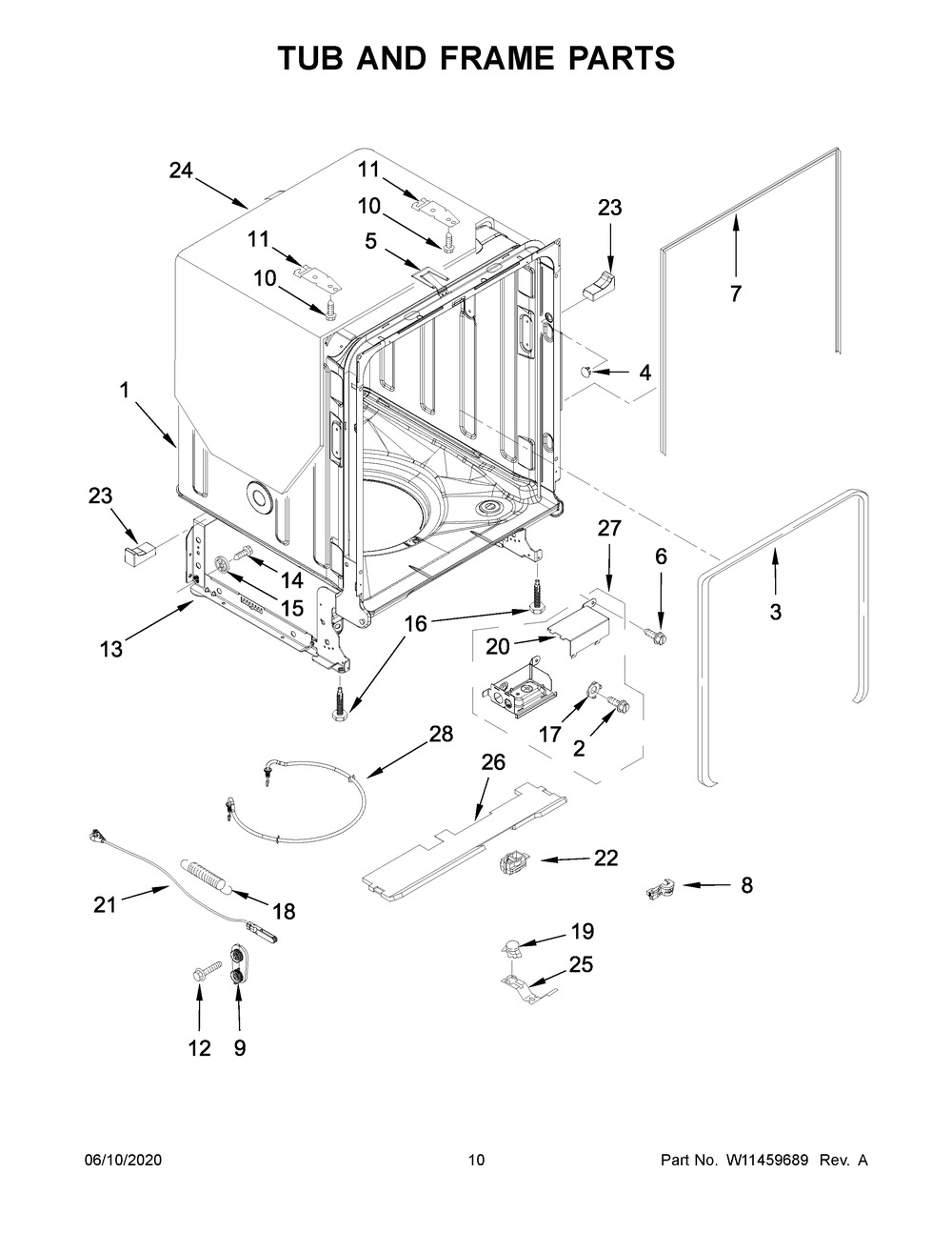 Tub And Frame Parts Diagram and Parts List for KDTE304GPS1  Whirlpool Dishwasher
