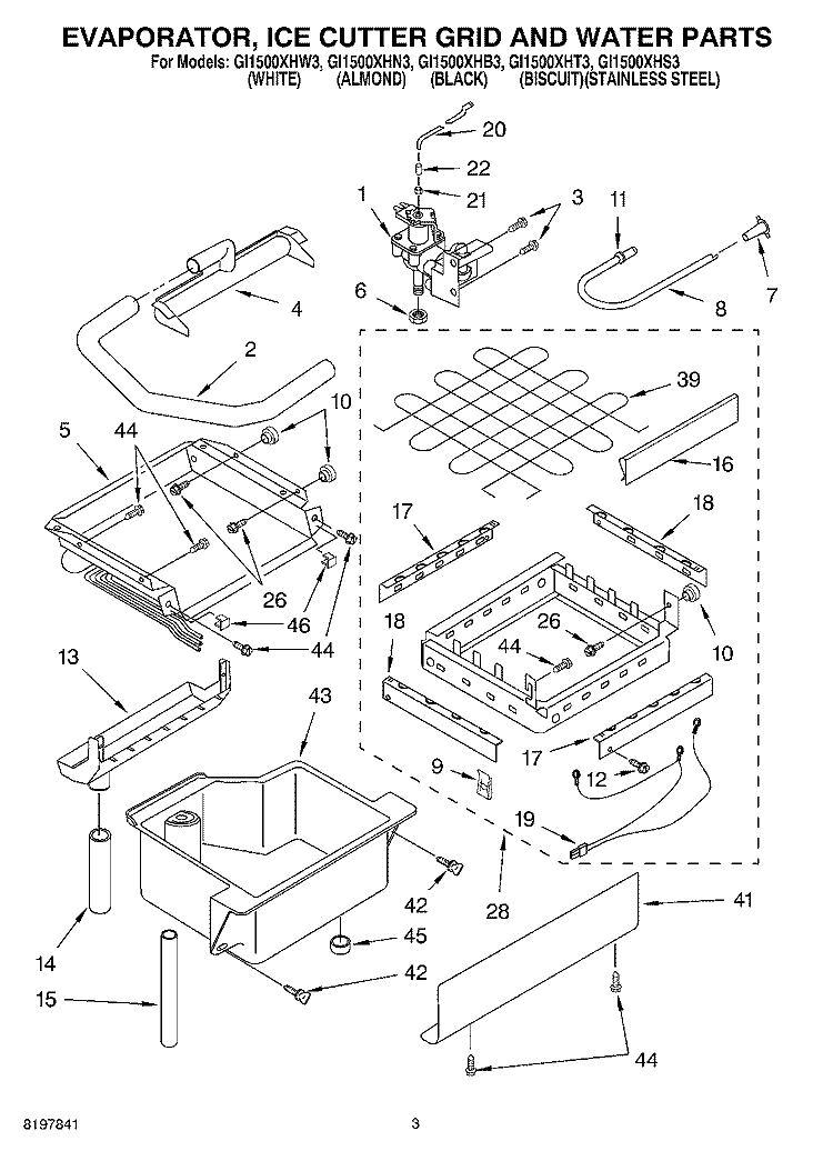 EVAPORATOR, ICE CUTTER GRID AND WATER Diagram and Parts List for GI1500XHN3  Whirlpool Ice Maker