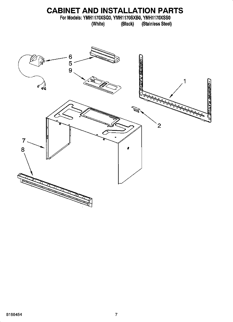 CABINET AND INSTALLATION PARTS Diagram and Parts List for YMH1170XSQ0  Whirlpool Microwave
