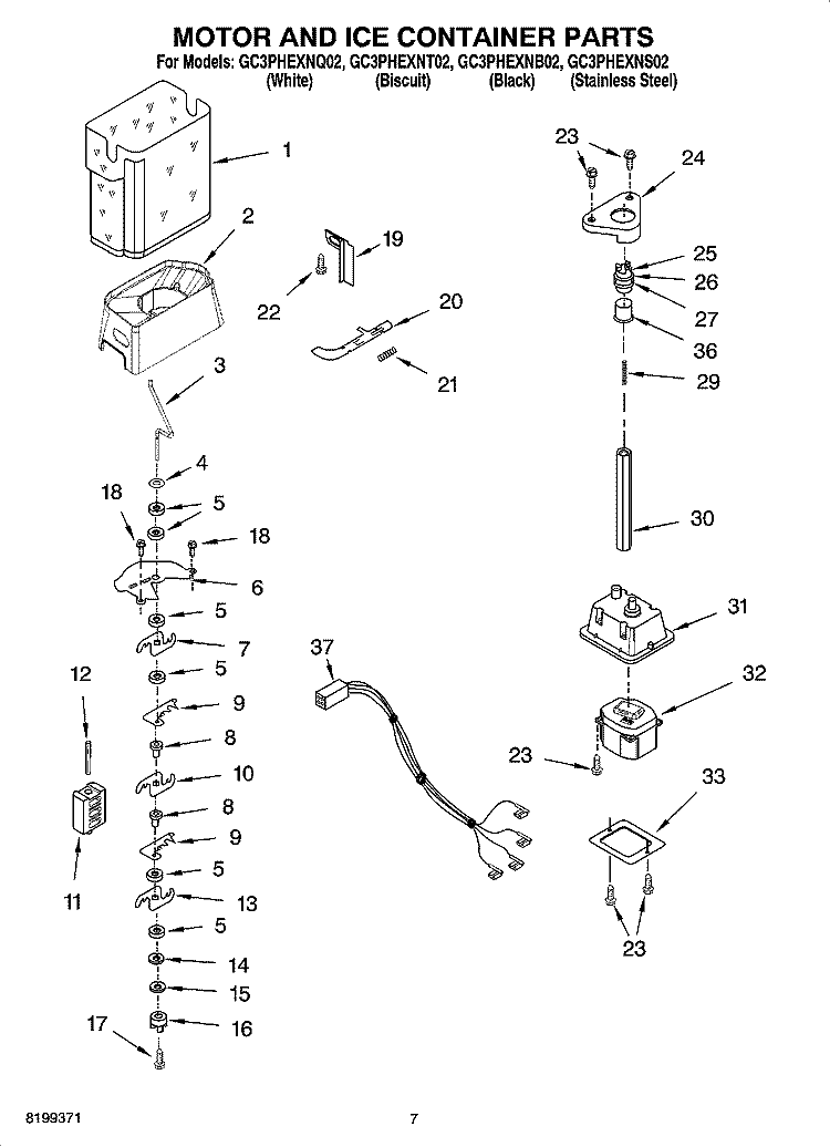MOTOR AND ICE CONTAINER PARTS Diagram and Parts List for GC3PHEXNS02  Whirlpool Refrigerator