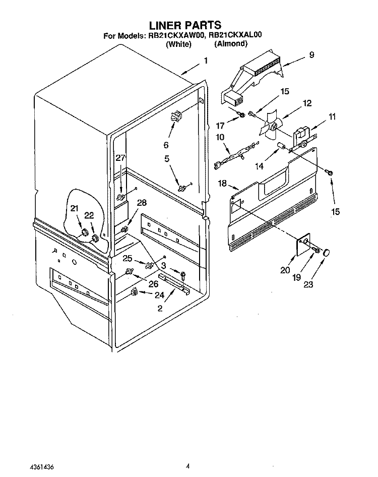 LINER Diagram and Parts List for RB21CKXAW00  Roper Refrigerator