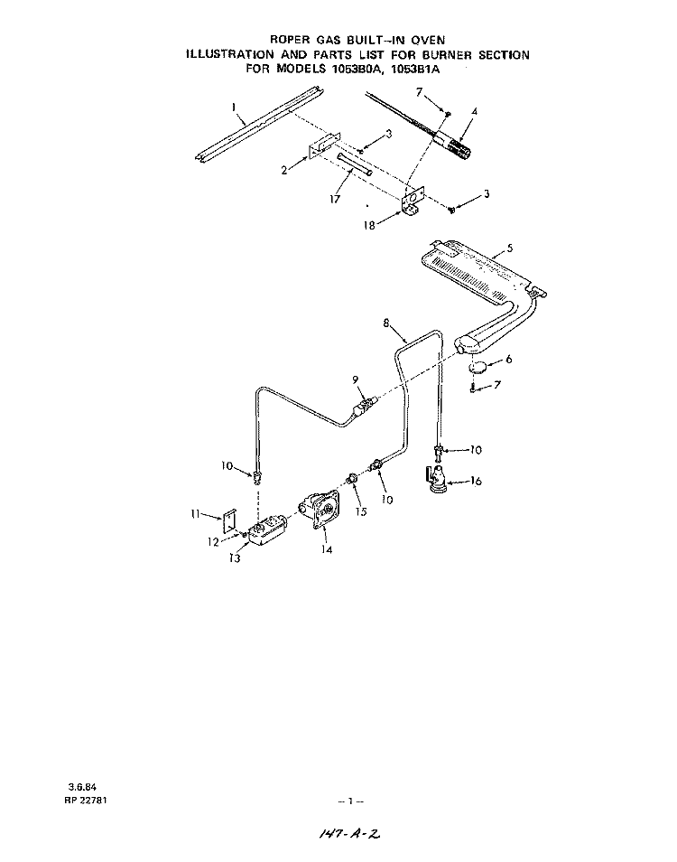 BURNER Diagram and Parts List for 1053B1A  Roper Wall Oven