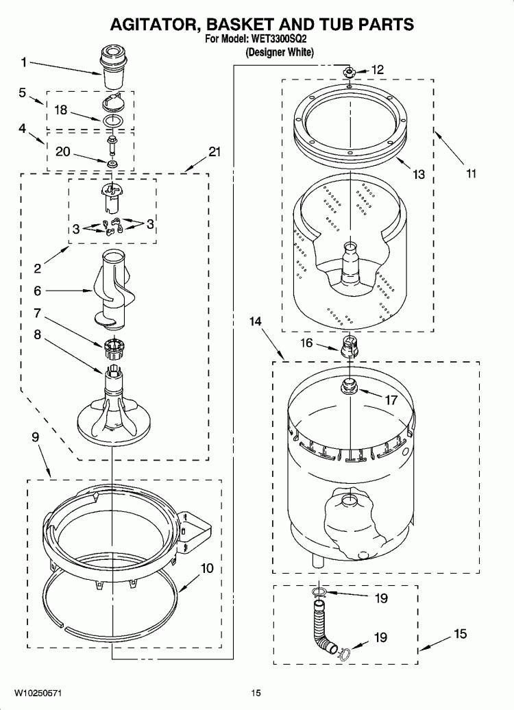 AGITATOR, BASKET AND TUB PARTS Diagram and Parts List for WET3300SQ2  Whirlpool Washer Dryer Combo