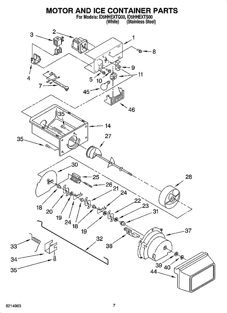 MOTOR AND ICE CONTAINER PARTS Diagram and Parts List for ID5HHEXTQ00  Whirlpool Refrigerator