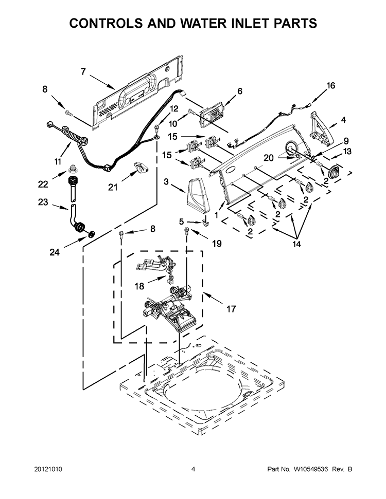 CONTROLS AND WATER INLET PARTS Diagram and Parts List for 7MWTW1603AW2  Whirlpool Washer