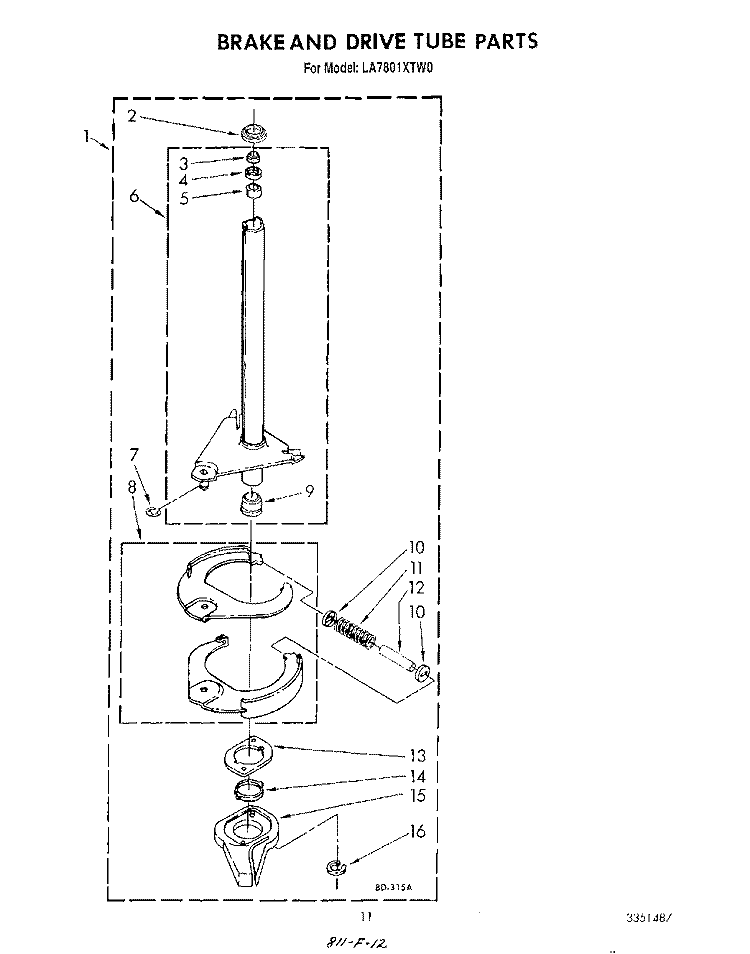 BRAKE AND DRIVE TUBE Diagram and Parts List for LA7801XTF0  Whirlpool Washer