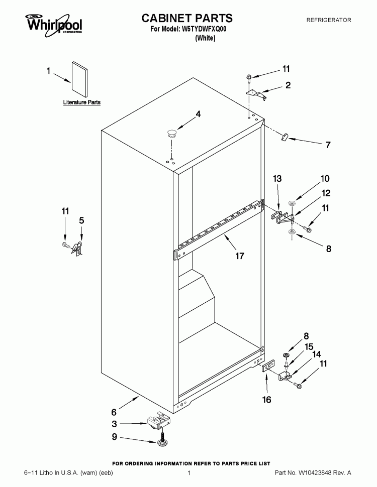 CABINET PARTS Diagram and Parts List for W5TYDWFXQ00  Whirlpool Refrigerator