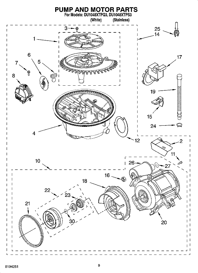 PUMP AND MOTOR PARTS Diagram and Parts List for DU1048XTPS3  Whirlpool Dishwasher