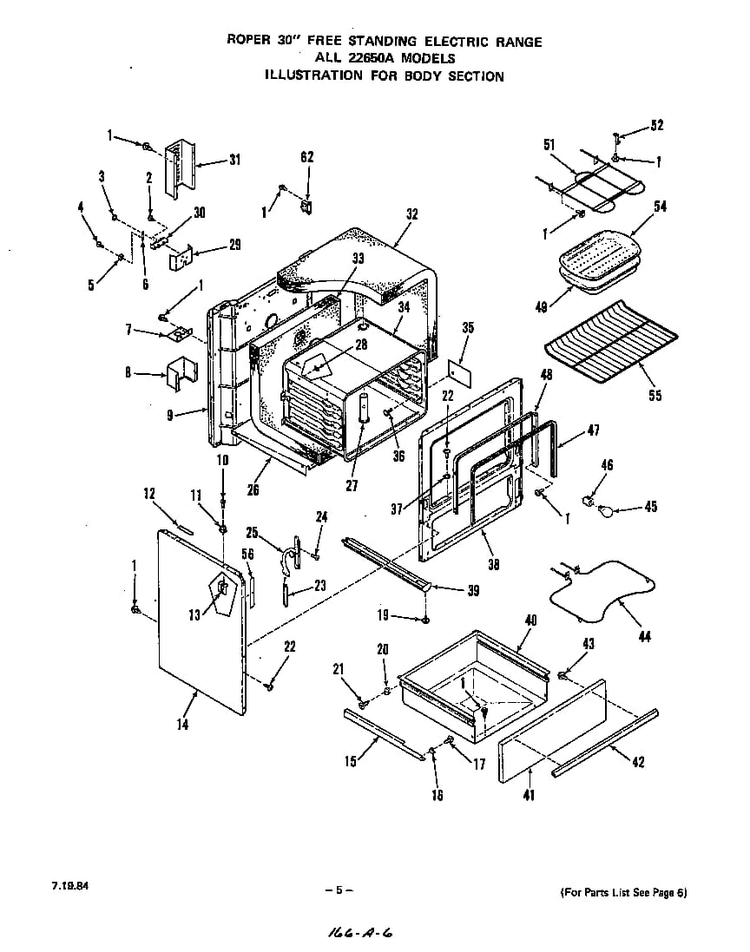 Body Diagram and Parts List for 2265*0A  Roper Range