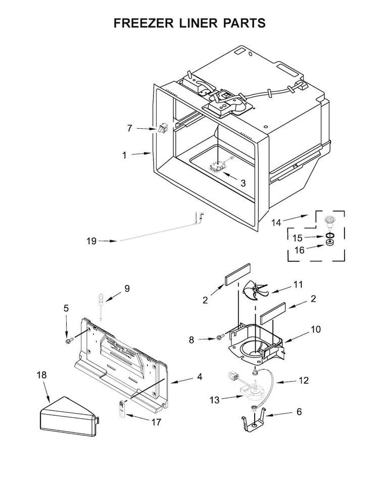 Freezer Liner Parts Diagram and Parts List for WRV986FDEM01  Whirlpool Refrigerator
