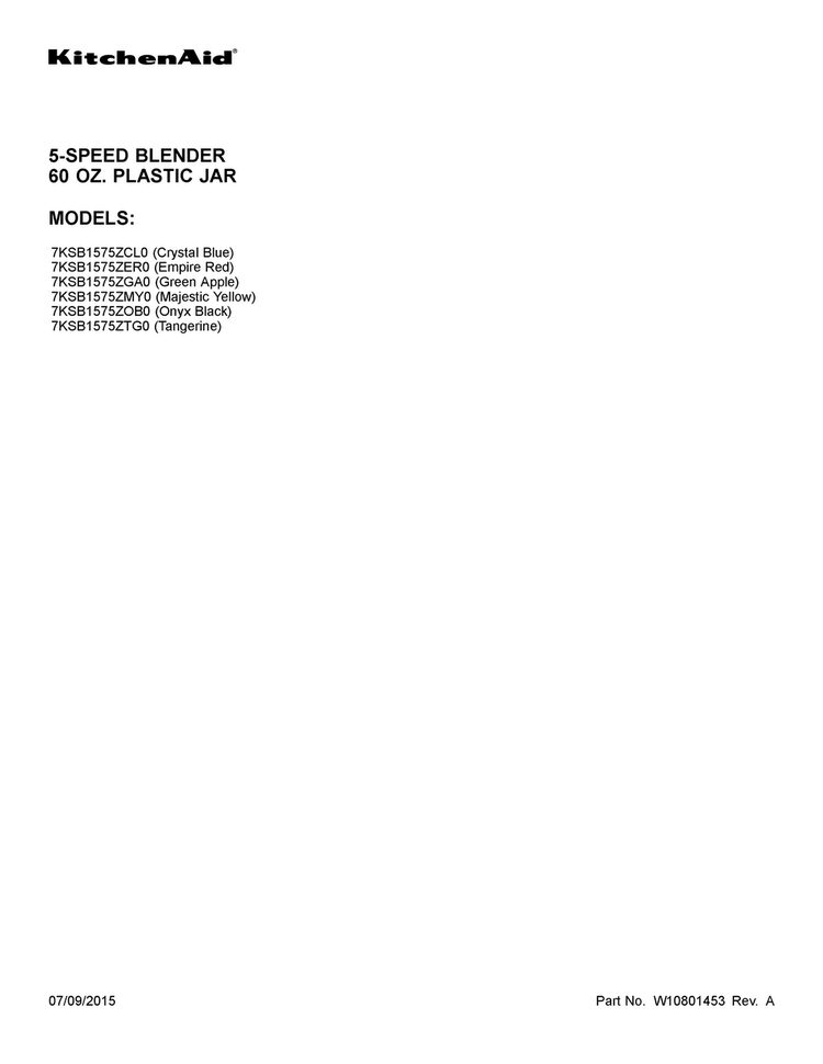 Cover Sheet Diagram and Parts List for 7KSB1575ZTG0  KitchenAid Blender