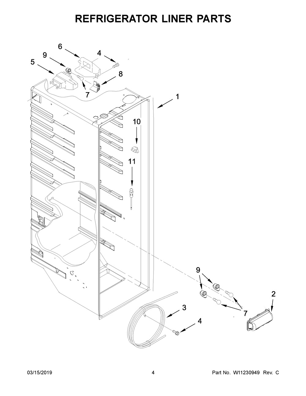 Refrigerator Liner Parts Diagram and Parts List for WRS335SDHM00  Whirlpool Refrigerator