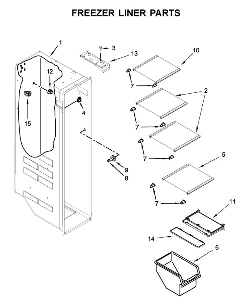Freezer Liner Parts Diagram and Parts List for WRS555SIHB03  Whirlpool Refrigerator