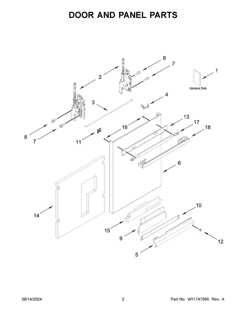02 - Door And Panel Parts Diagram and Parts List for JDPSS244PM1  Whirlpool Dishwasher