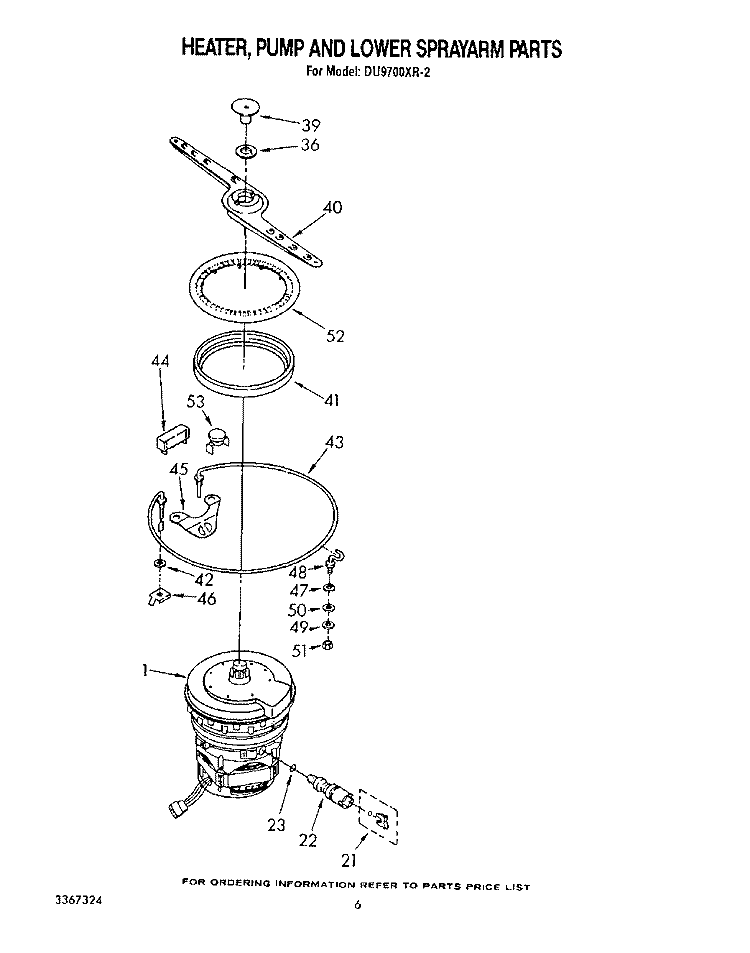 HEATER, PUMP AND LOWER SPRAY ARM Diagram and Parts List for DU9700XR2  Whirlpool Dishwasher