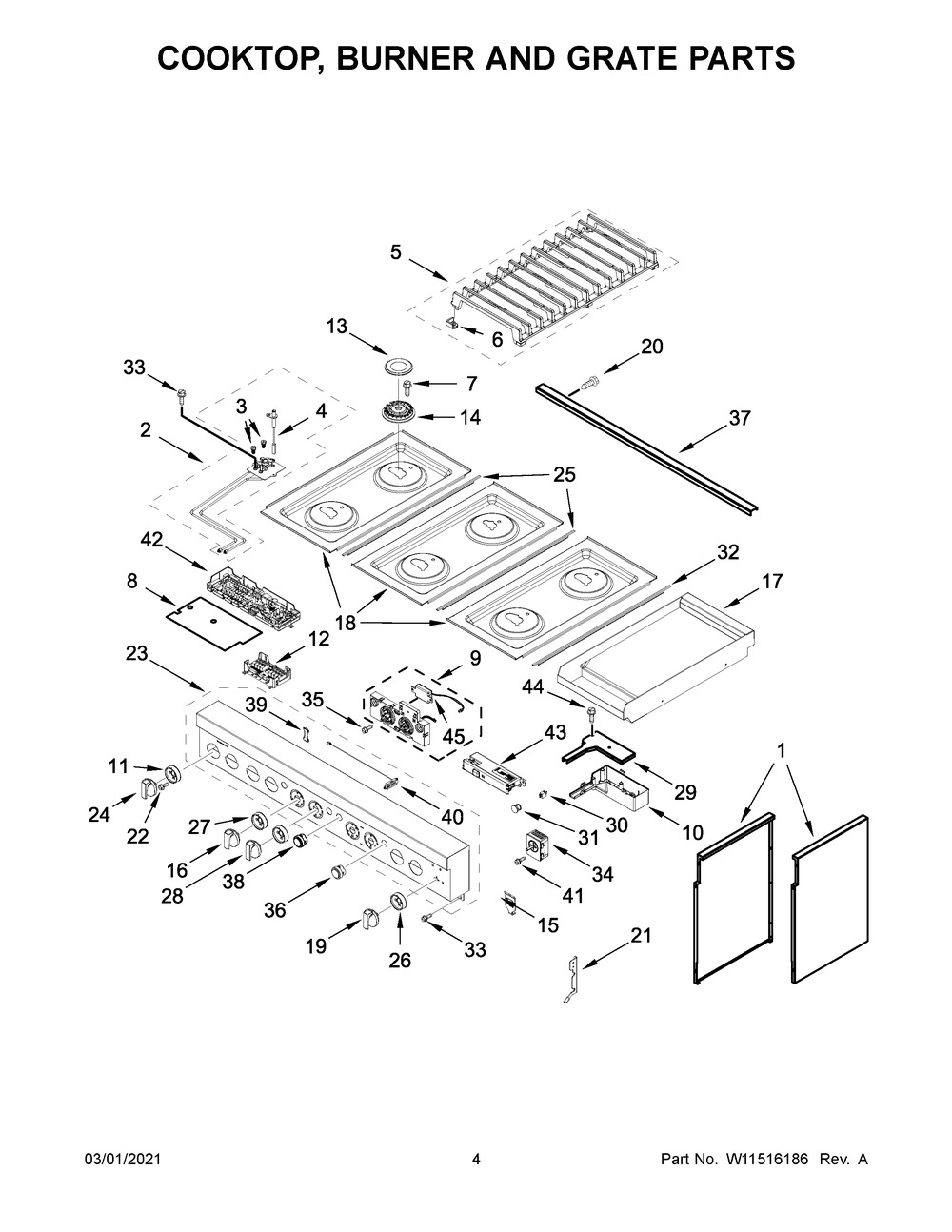 Cooktop, Burner And Grate Parts Diagram and Parts List for JDRP548HM01  Whirlpool Range