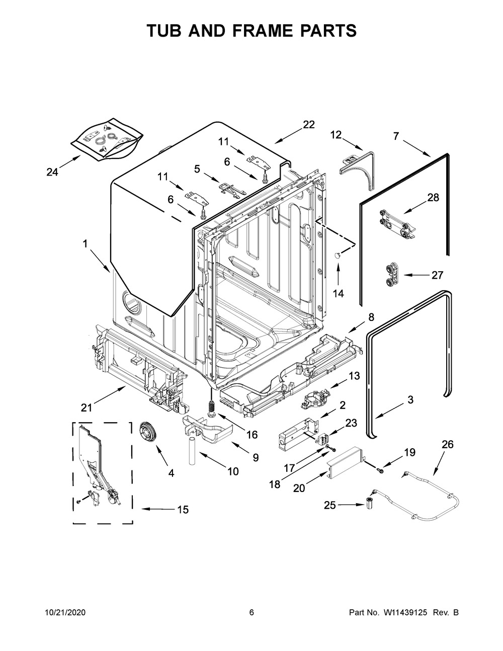 Tub And Frame Parts Diagram and Parts List for KDFM404KBS0  Whirlpool Dishwasher